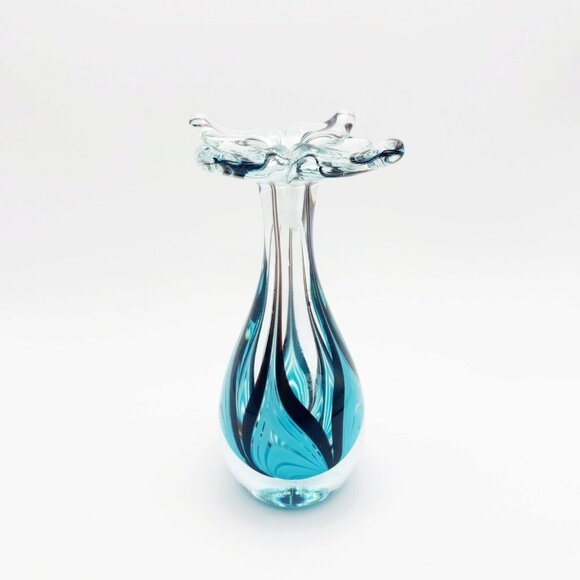Vintage OBG Ornamental Blown Glass Turquoise & Black Blue Bud Vase - Picture 3 of 7